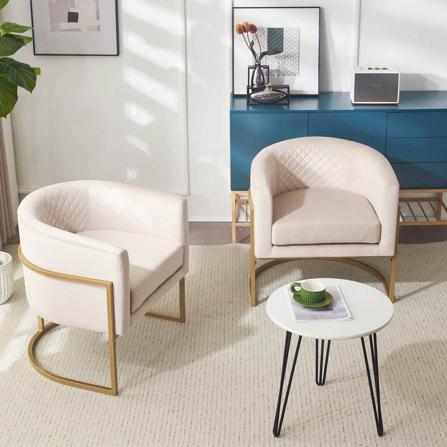 Curved Backrest Upholstered Velvet Chair With Gold Metal Bracket For Medieval Living Room Office Tea Room Lounge
