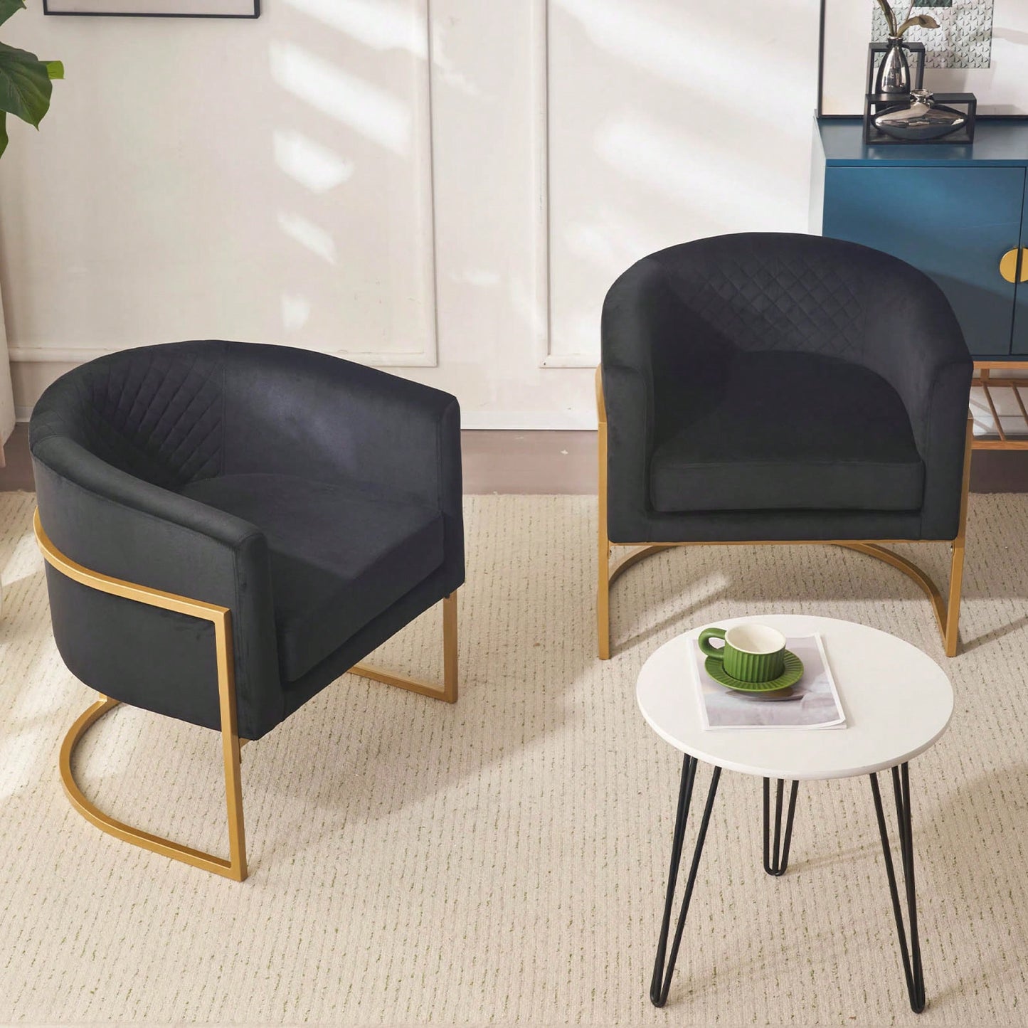 Curved Backrest Upholstered Velvet Chair With Gold Metal Bracket For Medieval Living Room Office Tea Room Lounge