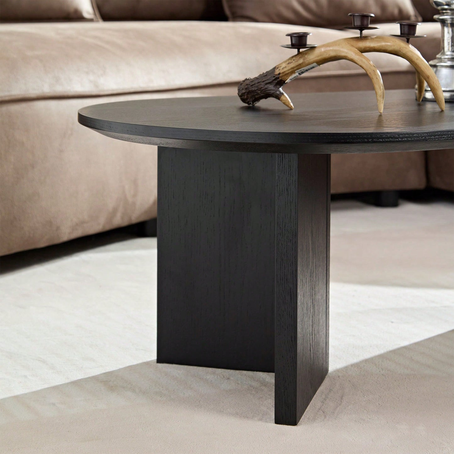 39.37 Inch Oval Coffee Table For Living Room Small Modern MDF Design With Sturdy Pedestal Black Finish Ideal For Apartment And Bedroom