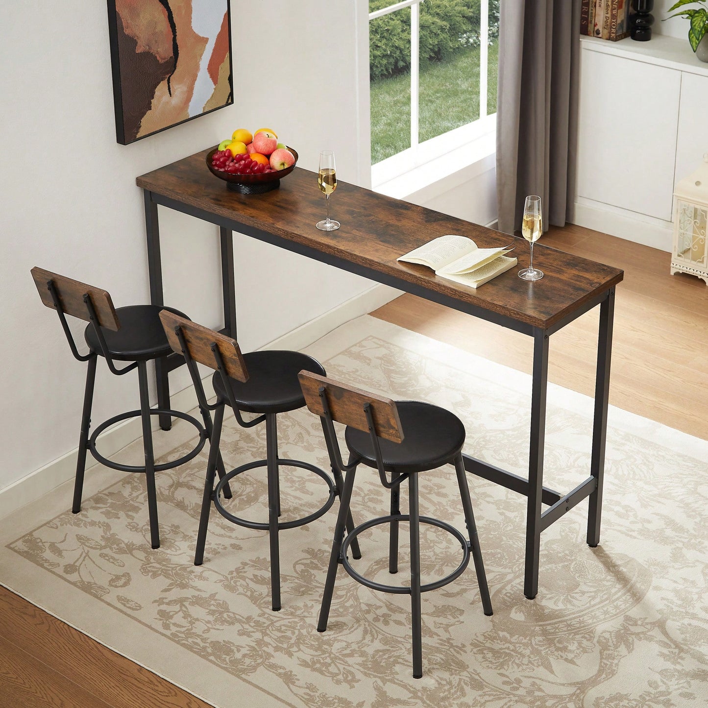 Industrial Long Bar Table Set With 3 PU Upholstered Stools For Kitchen Breakfast Living Room Rustic Brown And Black 63 Inch Length