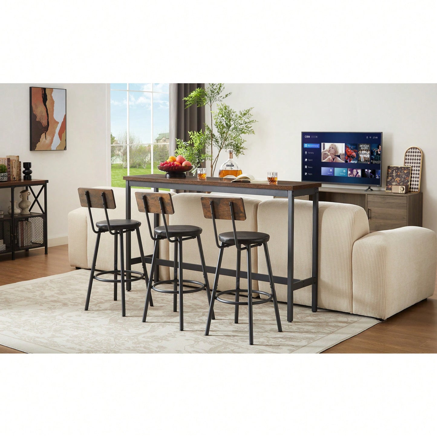 Industrial Long Bar Table Set With 3 PU Upholstered Stools For Kitchen Breakfast Living Room Rustic Brown And Black 63 Inch Length