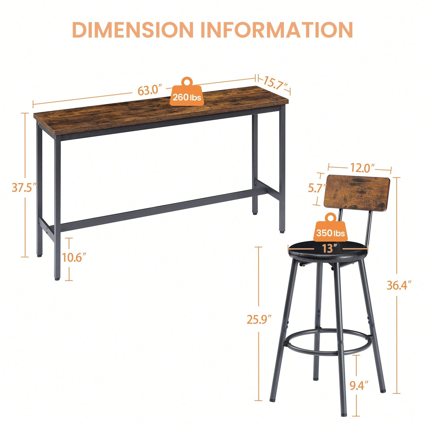 Industrial Long Bar Table Set With 3 PU Upholstered Stools For Kitchen Breakfast Living Room Rustic Brown And Black 63 Inch Length