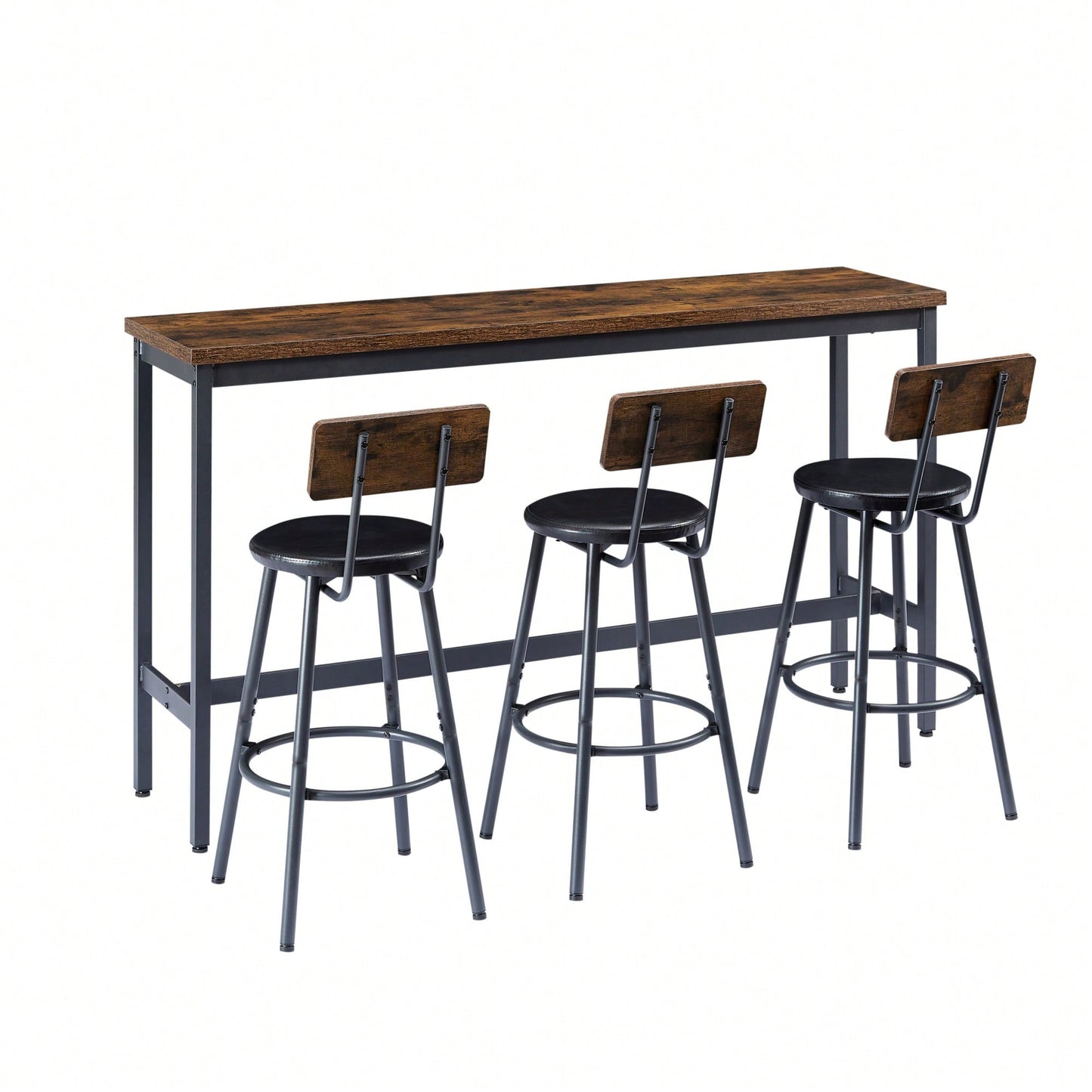 Industrial Long Bar Table Set With 3 PU Upholstered Stools For Kitchen Breakfast Living Room Rustic Brown And Black 63 Inch Length