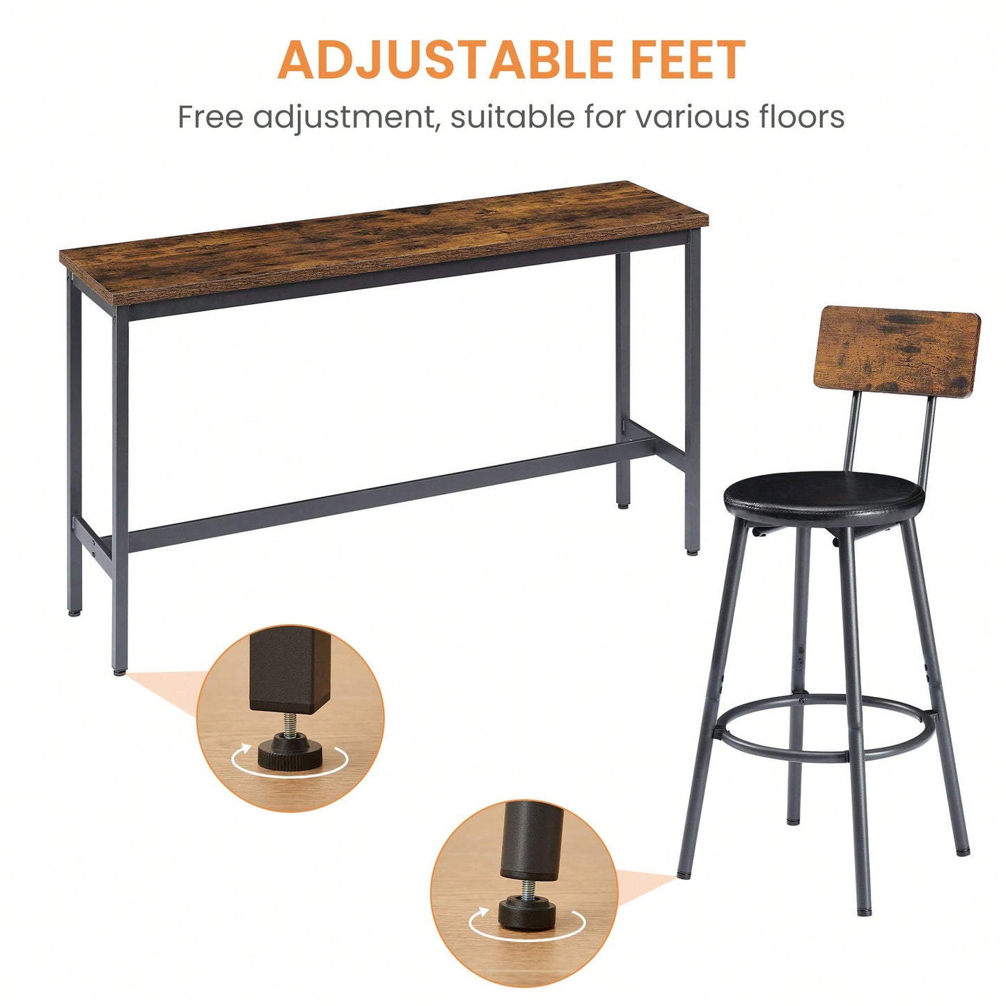 Industrial Long Bar Table Set With 3 PU Upholstered Stools For Kitchen Breakfast Living Room Rustic Brown And Black 63 Inch Length