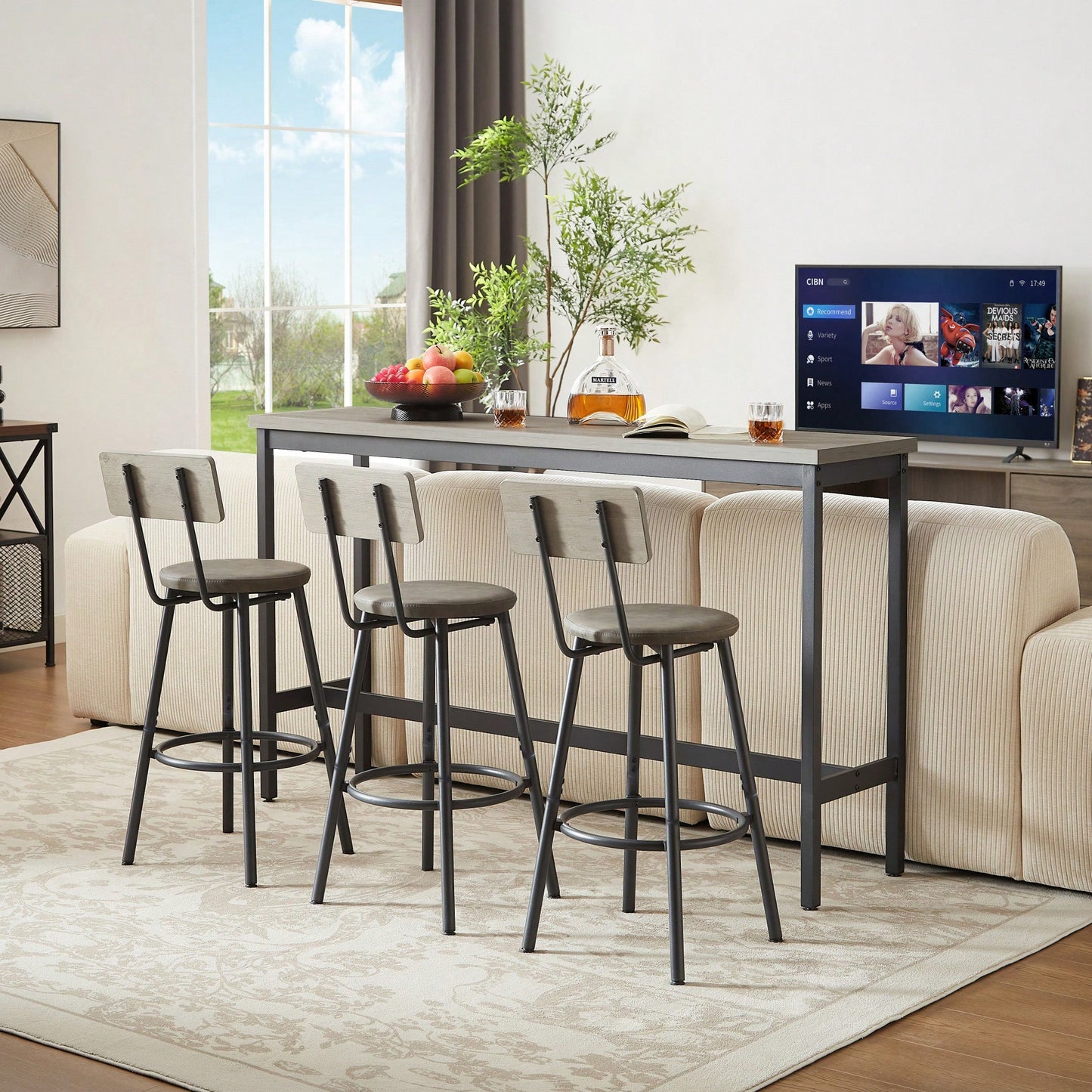 Industrial Long Bar Table Set With 3 PU Upholstered Stools For Kitchen Breakfast Living Room Rustic Brown And Black 63 Inch Length
