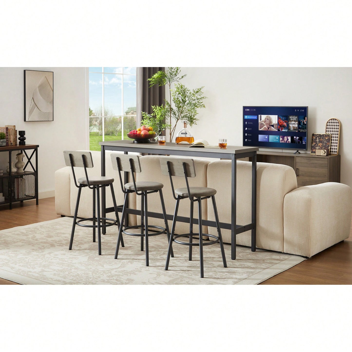 Industrial Long Bar Table Set With 3 PU Upholstered Stools For Kitchen Breakfast Living Room Rustic Brown And Black 63 Inch Length