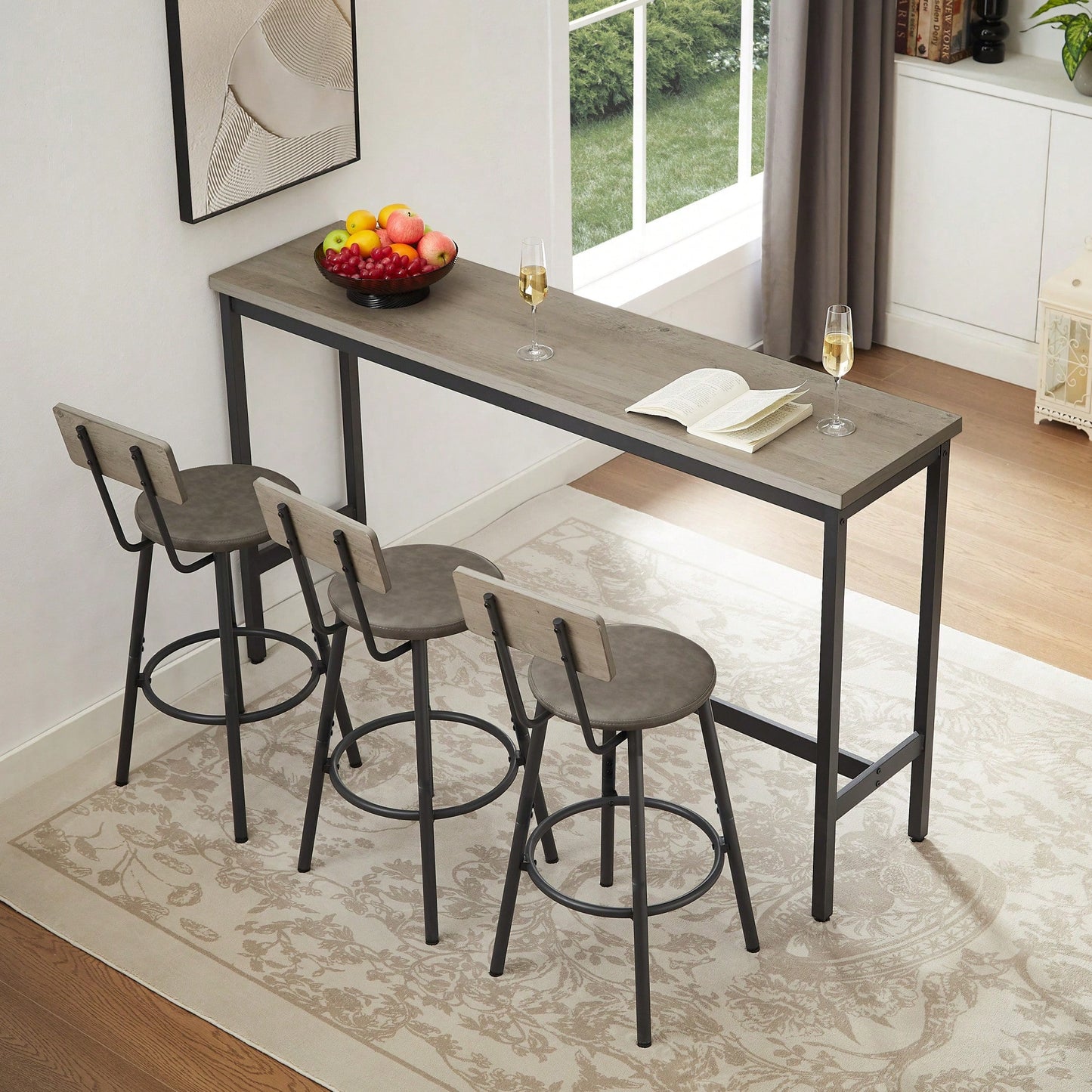 Industrial Long Bar Table Set With 3 PU Upholstered Stools For Kitchen Breakfast Living Room Rustic Brown And Black 63 Inch Length
