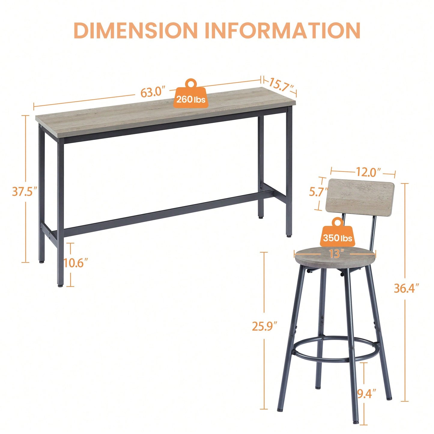 Industrial Long Bar Table Set With 3 PU Upholstered Stools For Kitchen Breakfast Living Room Rustic Brown And Black 63 Inch Length