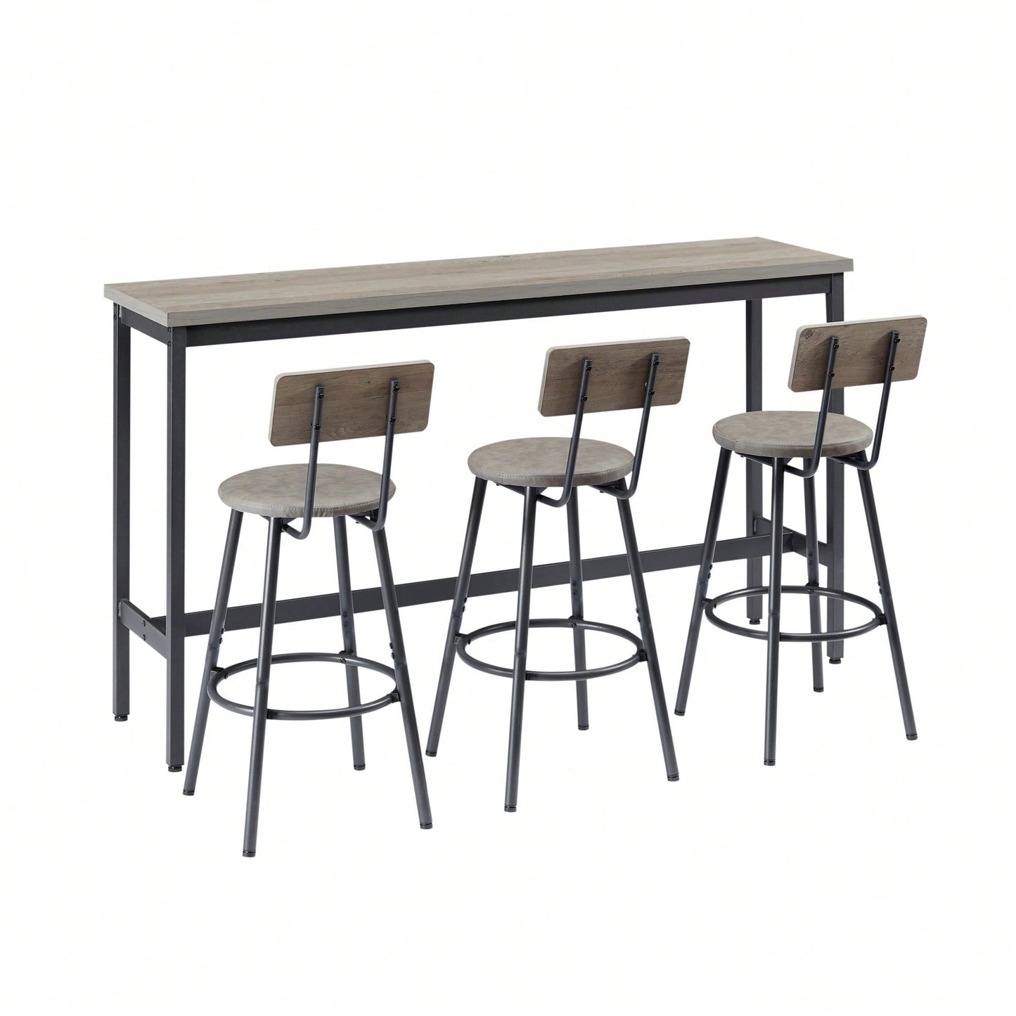 Industrial Long Bar Table Set With 3 PU Upholstered Stools For Kitchen Breakfast Living Room Rustic Brown And Black 63 Inch Length
