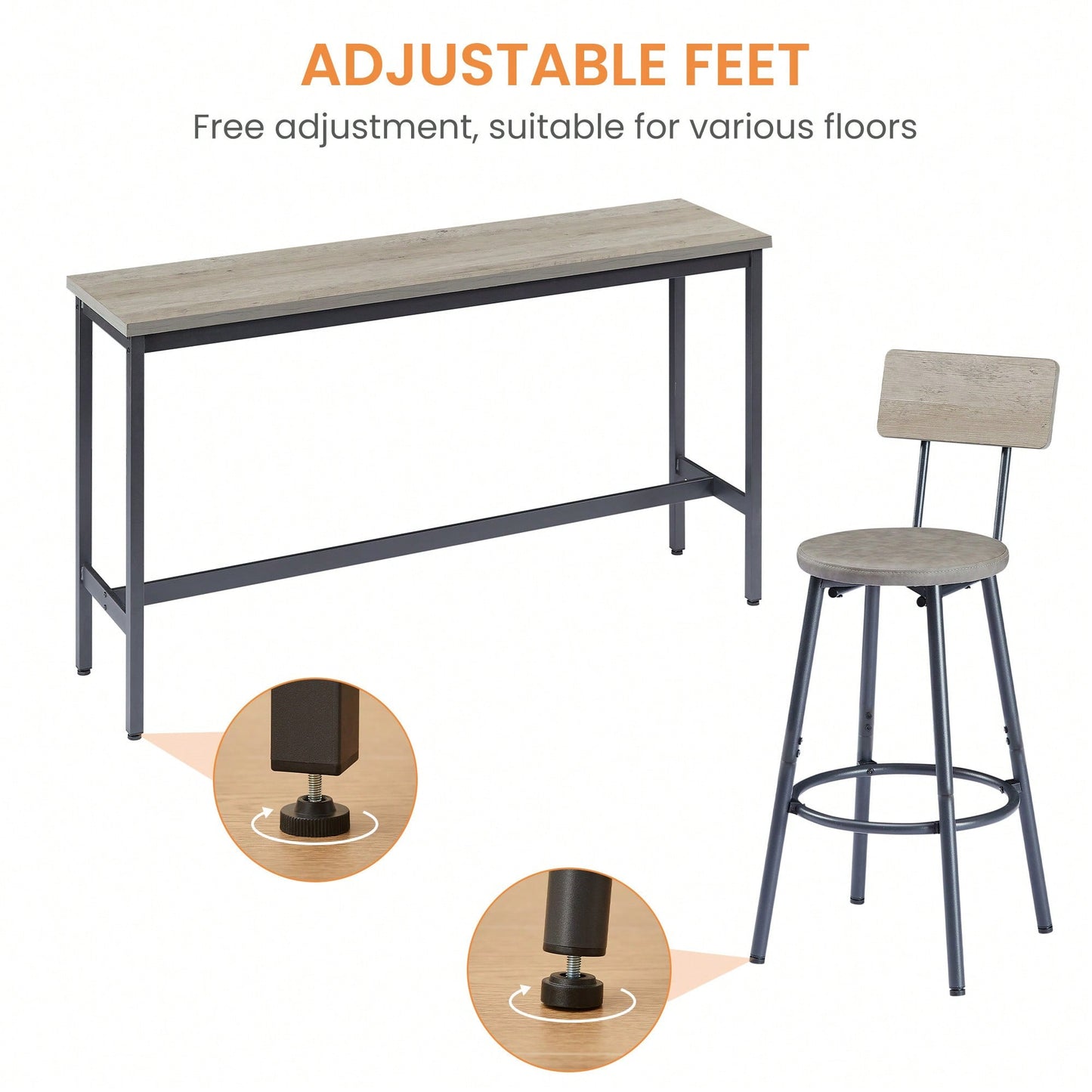 Industrial Long Bar Table Set With 3 PU Upholstered Stools For Kitchen Breakfast Living Room Rustic Brown And Black 63 Inch Length