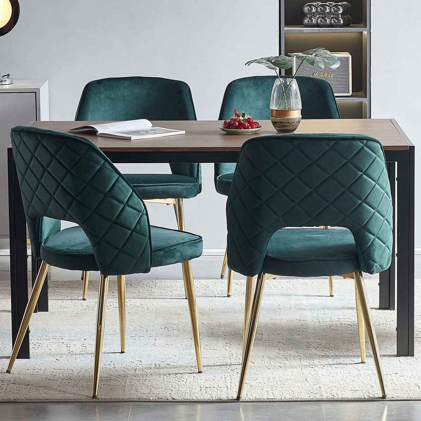 Elegant Black Velvet Upholstered Dining Chairs Set Of 4 With Metal Legs And Stylish Hollow Back Design