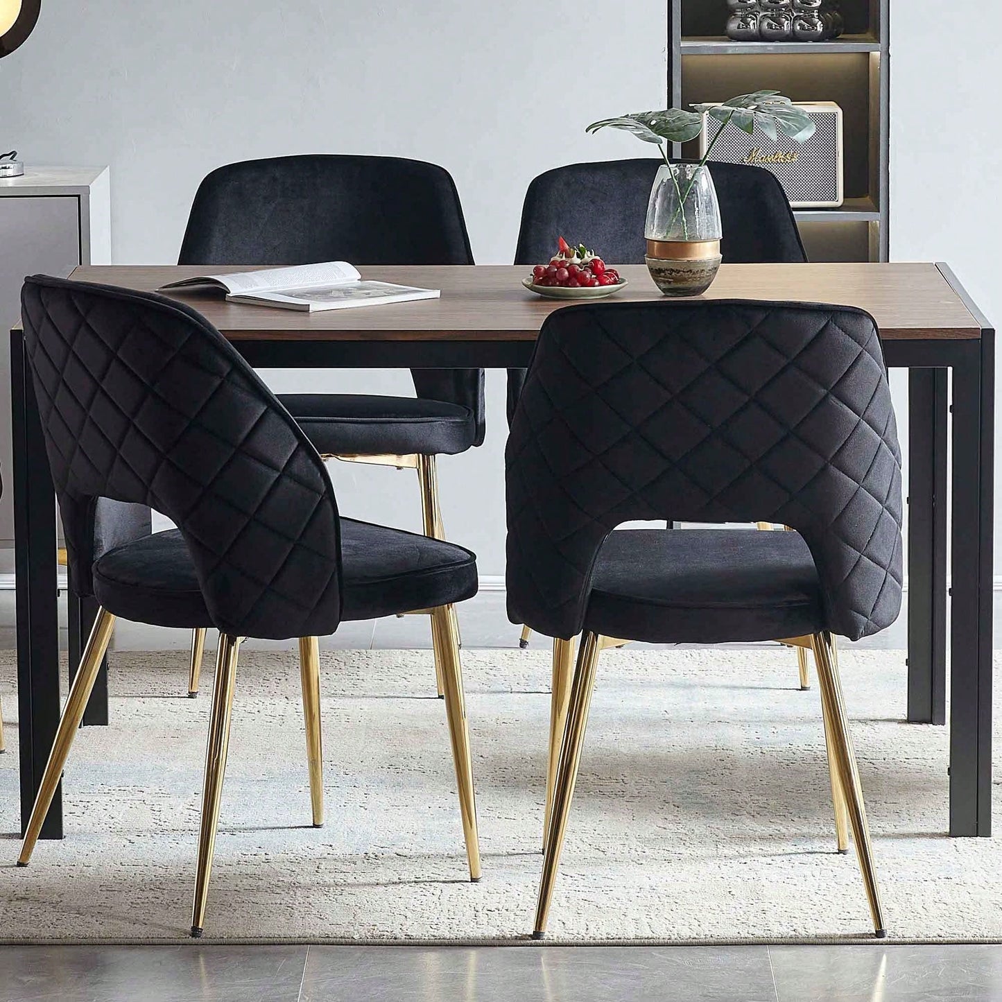 Elegant Black Velvet Upholstered Dining Chairs Set Of 4 With Metal Legs And Stylish Hollow Back Design