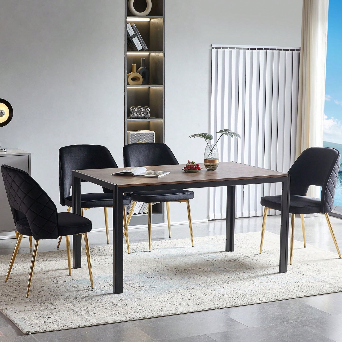 Elegant Black Velvet Upholstered Dining Chairs Set Of 4 With Metal Legs And Stylish Hollow Back Design