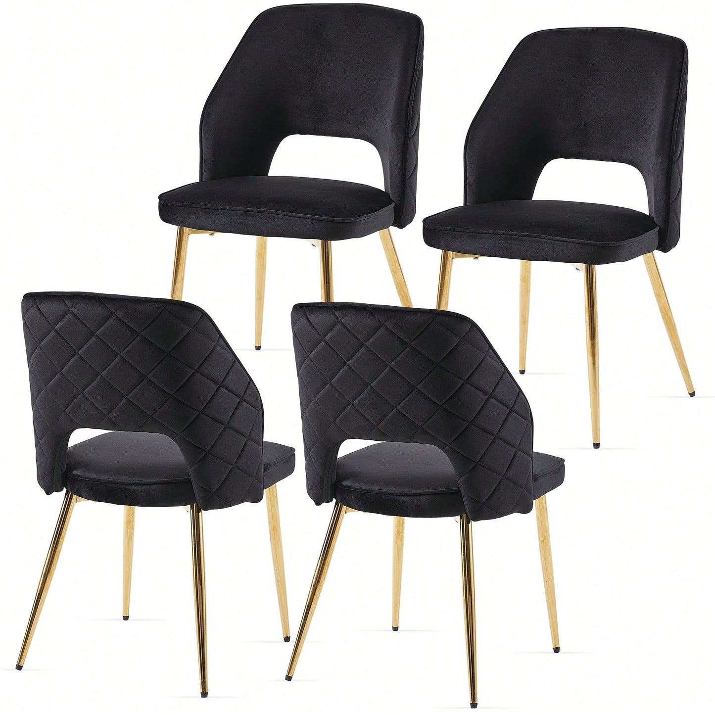 Elegant Black Velvet Upholstered Dining Chairs Set Of 4 With Metal Legs And Stylish Hollow Back Design