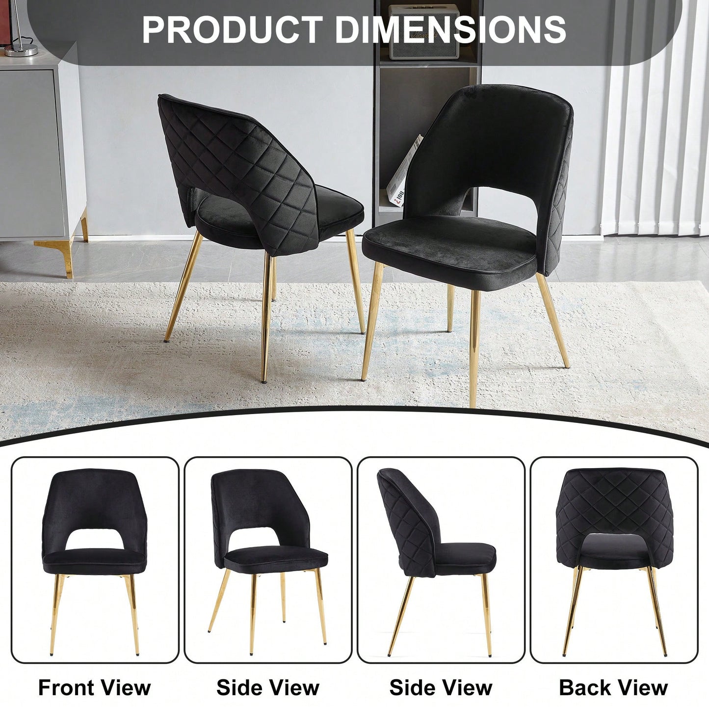 Elegant Black Velvet Upholstered Dining Chairs Set Of 4 With Metal Legs And Stylish Hollow Back Design