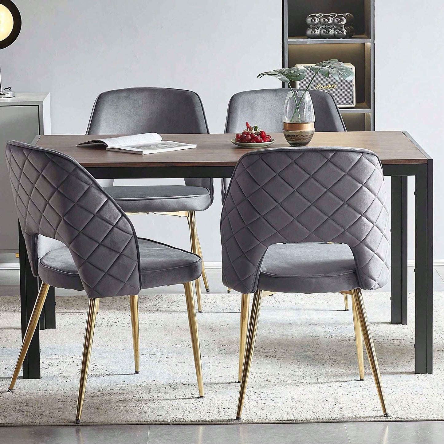 Elegant Black Velvet Upholstered Dining Chairs Set Of 4 With Metal Legs And Stylish Hollow Back Design