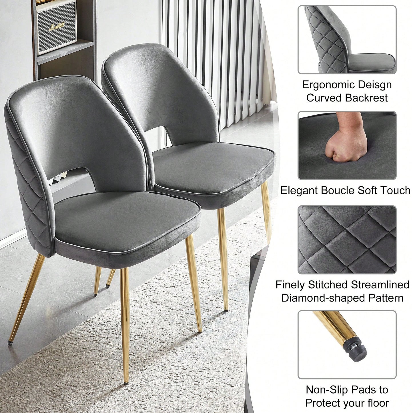 Elegant Black Velvet Upholstered Dining Chairs Set Of 4 With Metal Legs And Stylish Hollow Back Design
