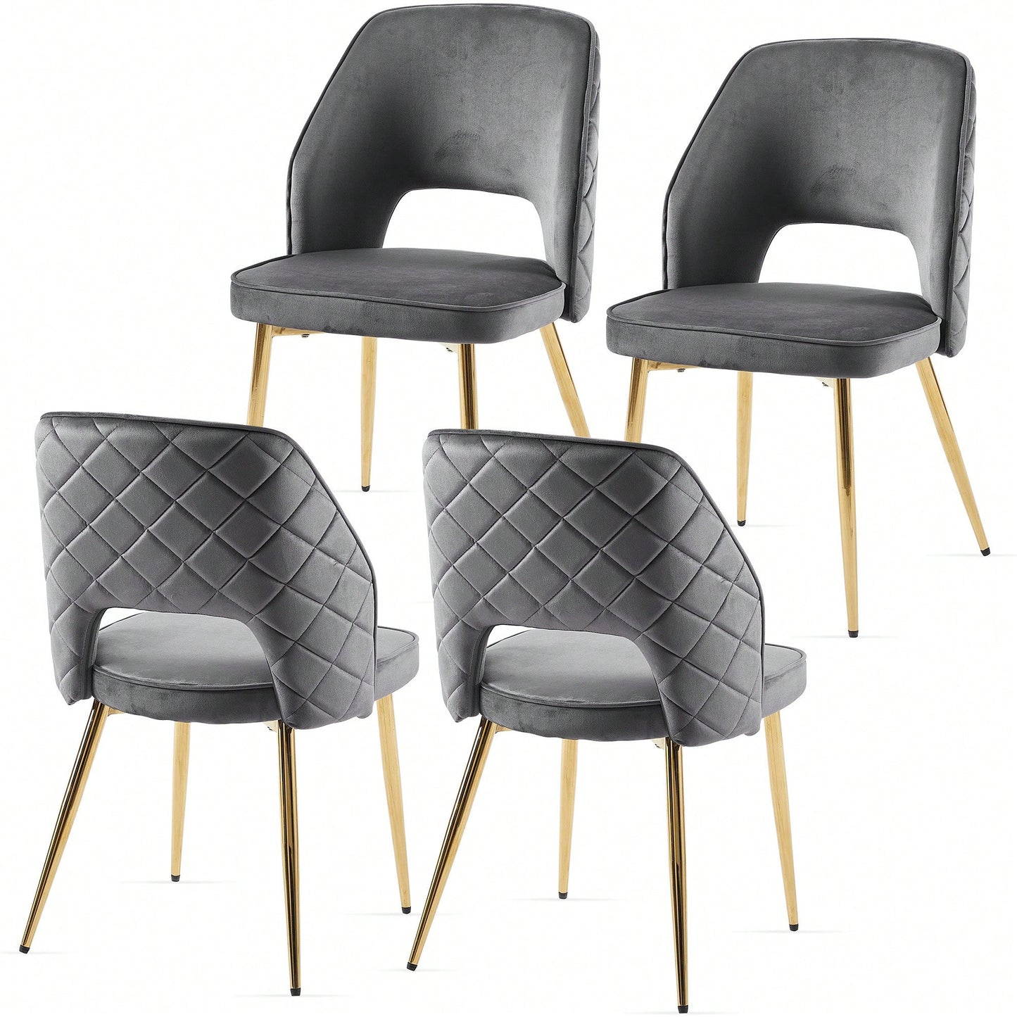 Elegant Black Velvet Upholstered Dining Chairs Set Of 4 With Metal Legs And Stylish Hollow Back Design