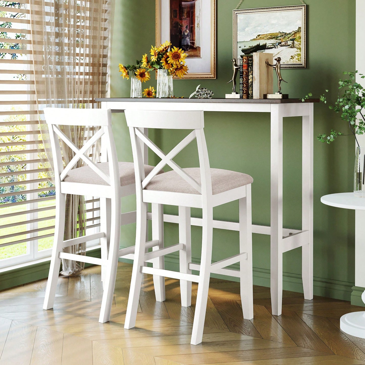 48 Inch Rectangular Wood Bar Height Dining Set With 2 Chairs For Small Spaces Cherry And White Finish