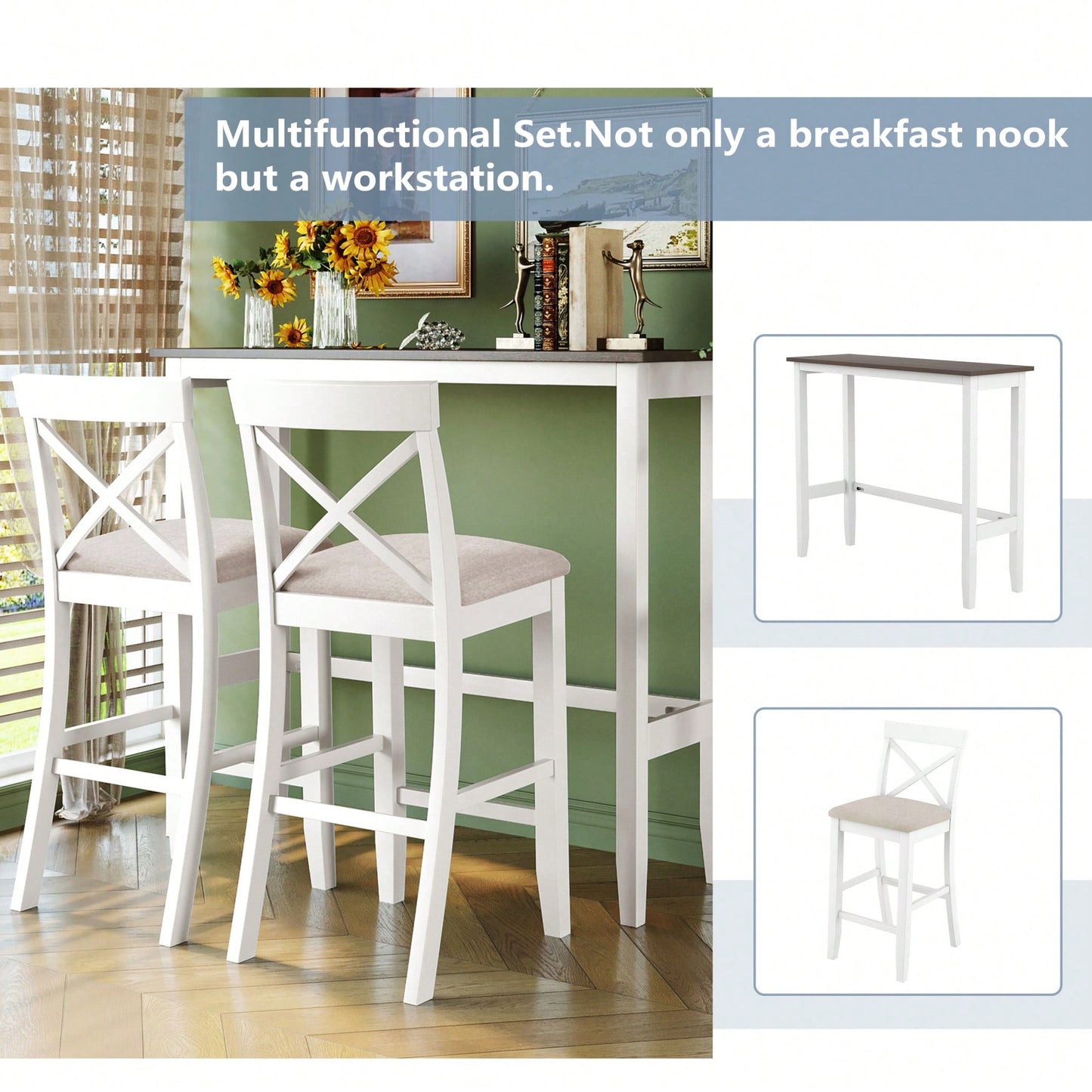 48 Inch Rectangular Wood Bar Height Dining Set With 2 Chairs For Small Spaces Cherry And White Finish