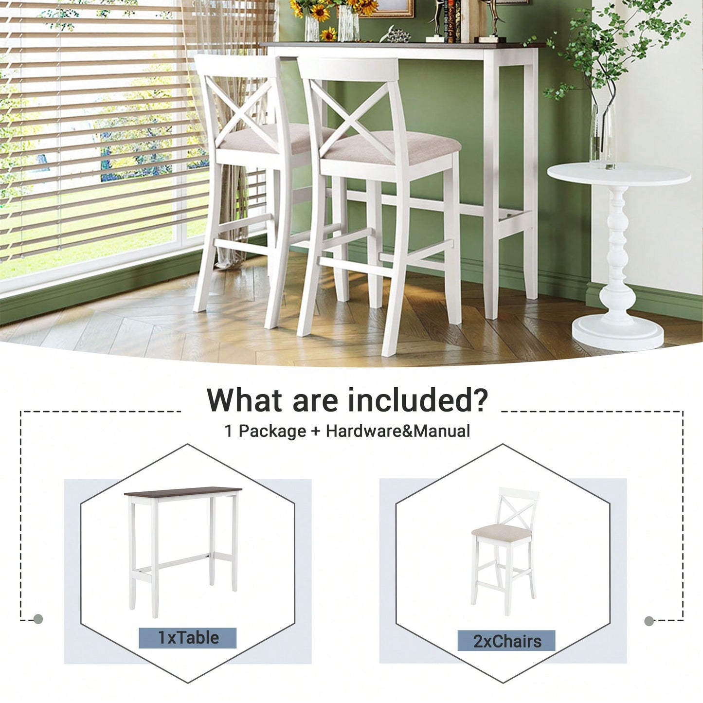 48 Inch Rectangular Wood Bar Height Dining Set With 2 Chairs For Small Spaces Cherry And White Finish