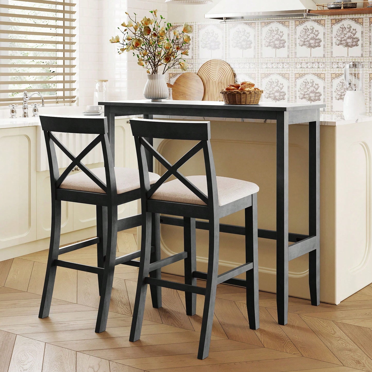 48 Inch Rectangular Wood Bar Height Dining Set With 2 Chairs For Small Spaces Cherry And White Finish