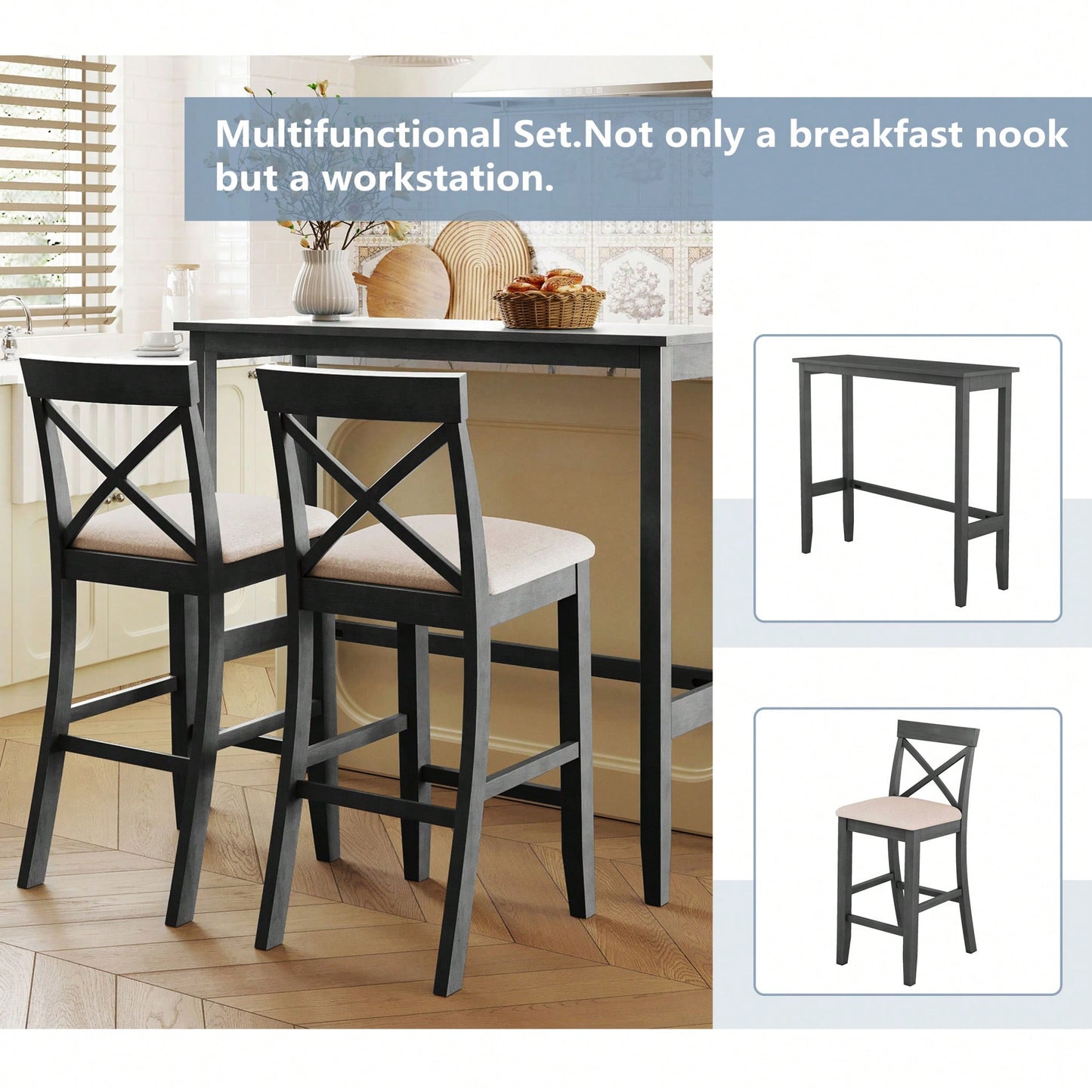 48 Inch Rectangular Wood Bar Height Dining Set With 2 Chairs For Small Spaces Cherry And White Finish