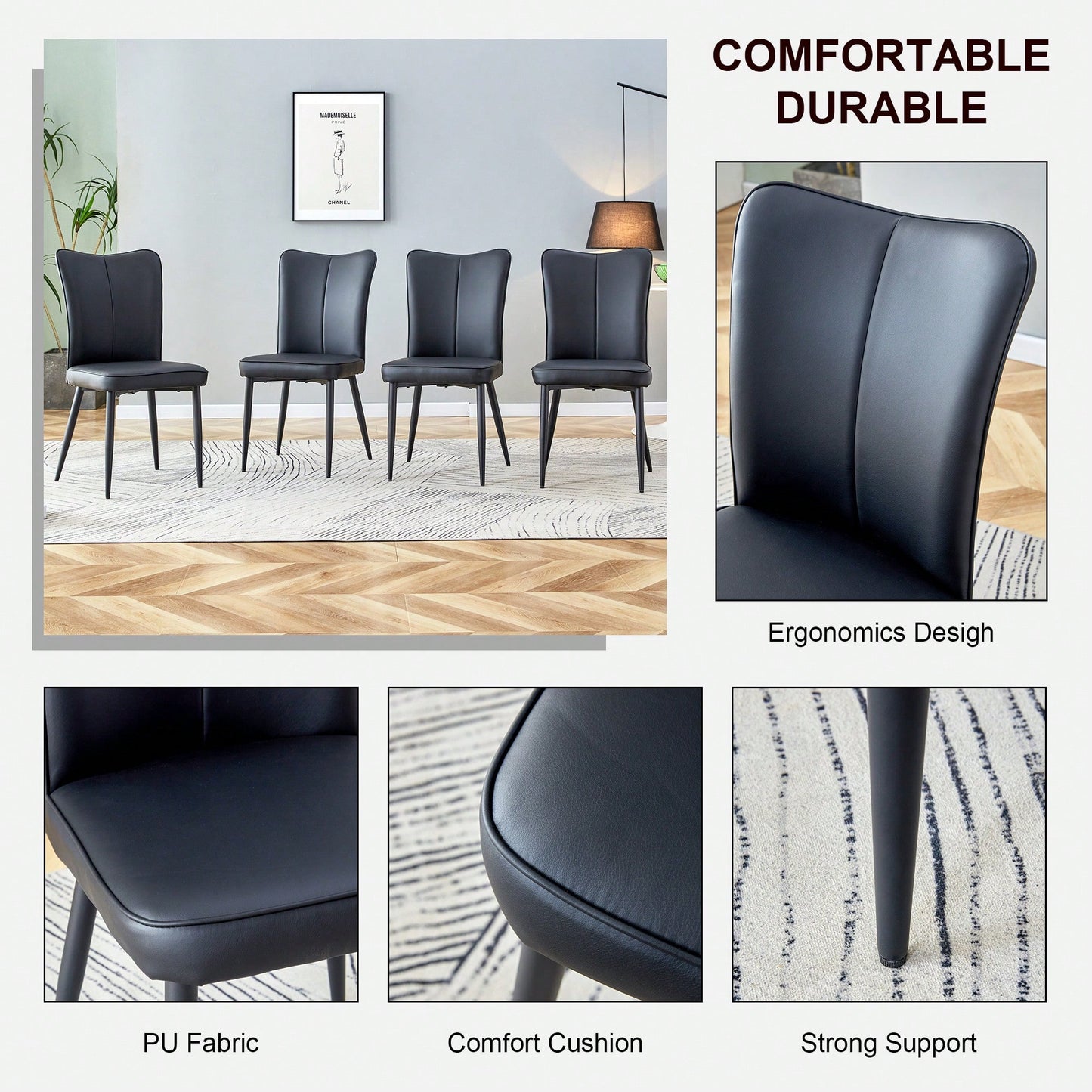 PU Dining And Office Chair Set 4 Pieces With Black Metal Legs For Restaurants Living Rooms And Offices Light Gray