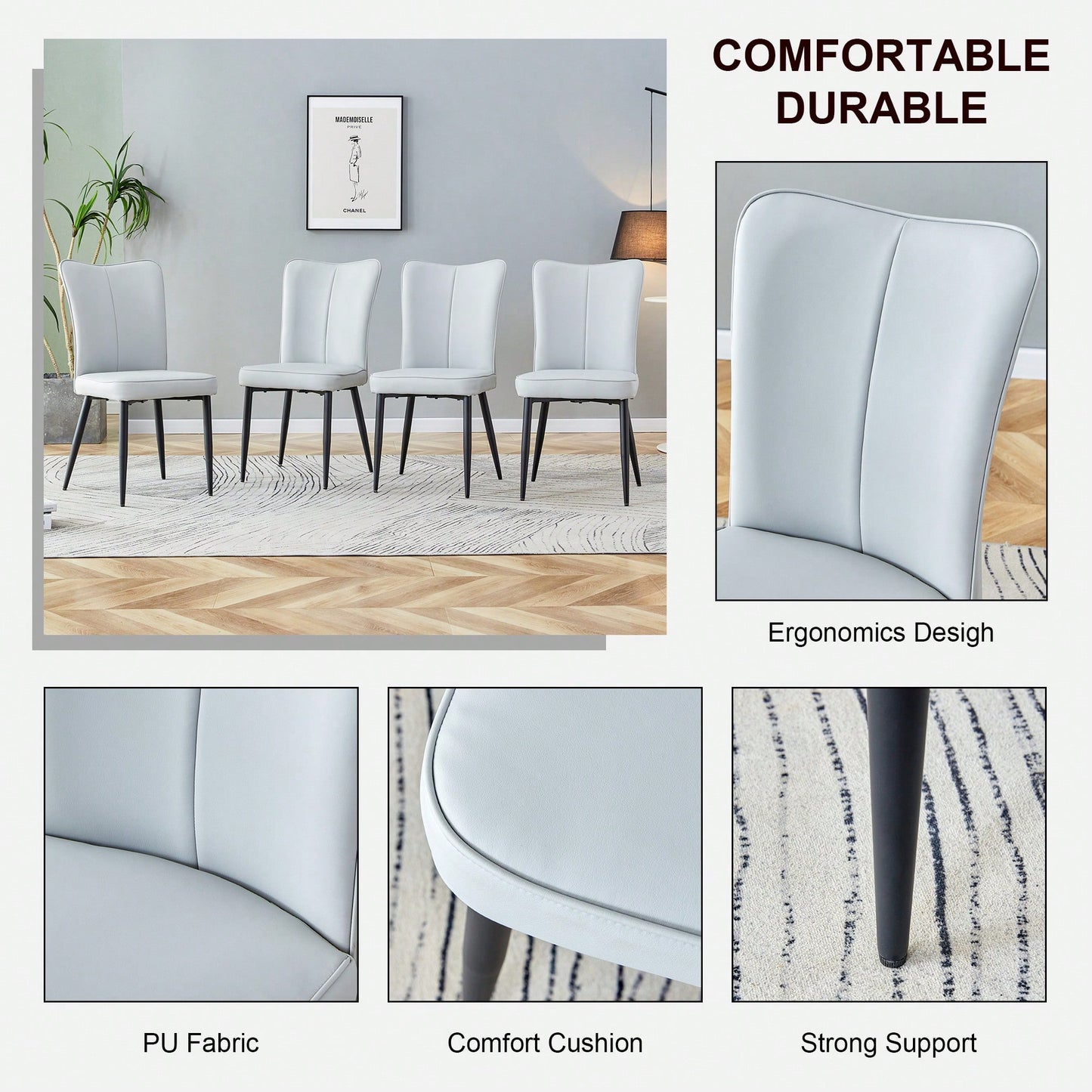 PU Dining And Office Chair Set 4 Pieces With Black Metal Legs For Restaurants Living Rooms And Offices Light Gray