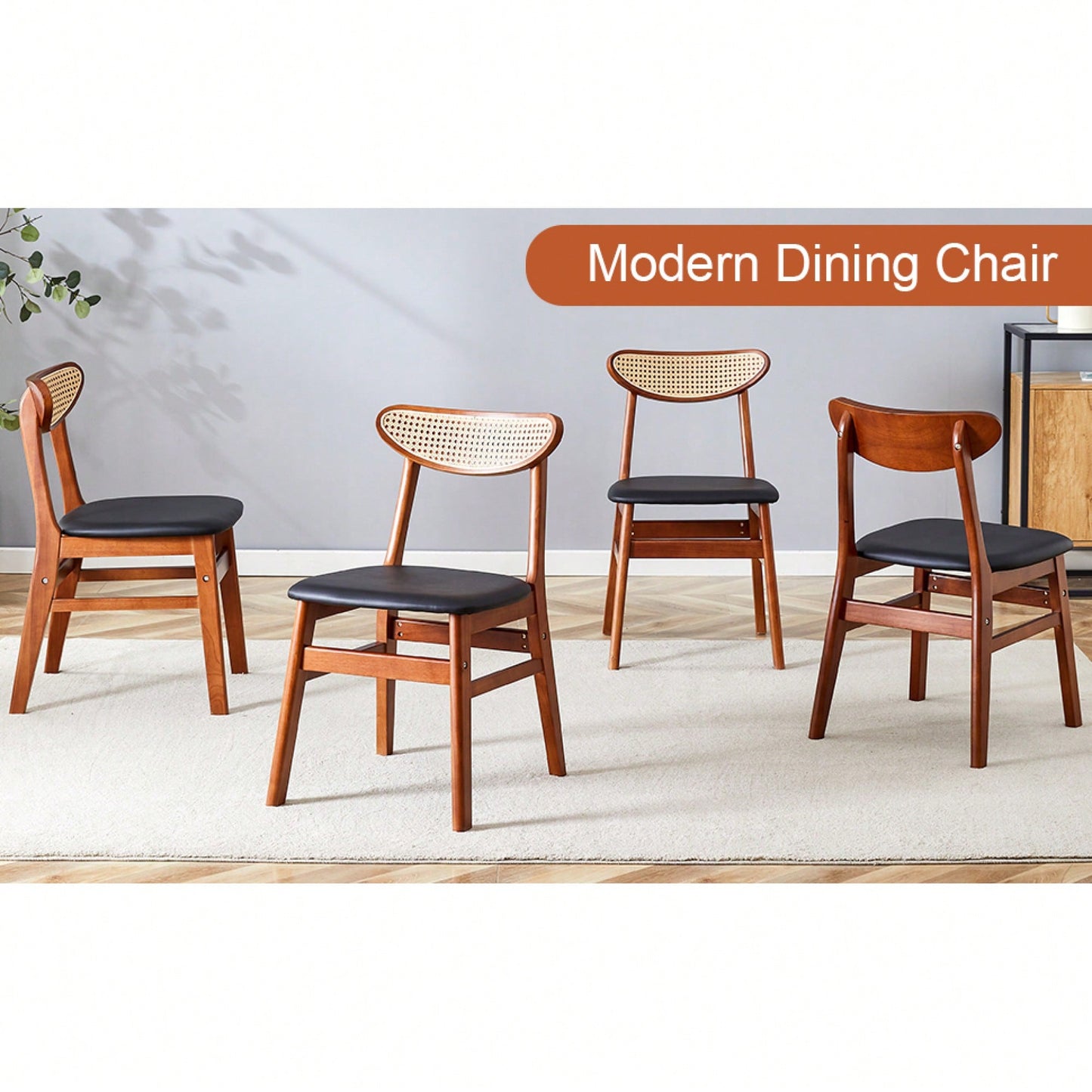 Set Of 4 Stylish Solid Wood Dining Chair With Curved Back And PU Cushion For Everyday Use