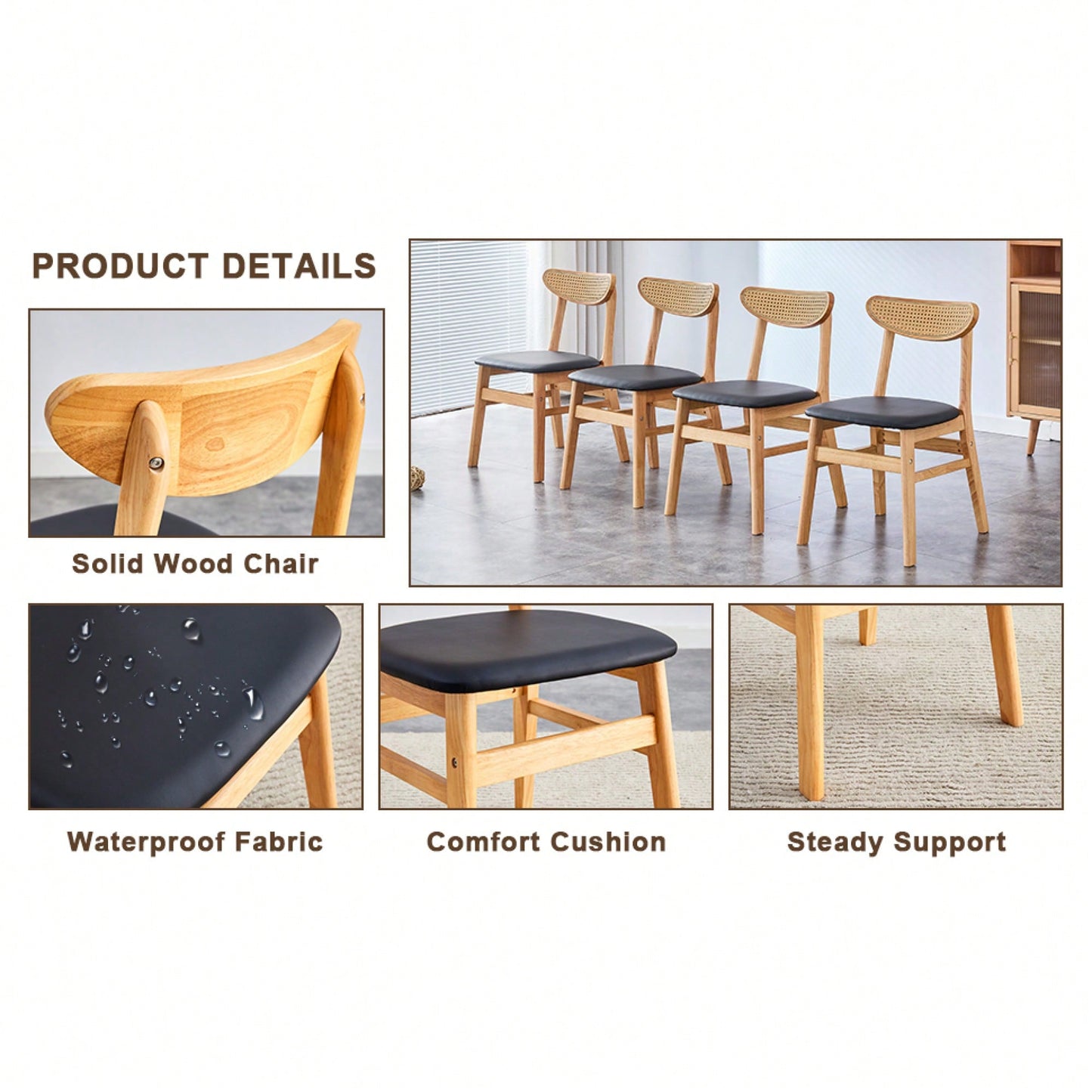 Set Of 4 Stylish Solid Wood Dining Chair With Curved Back And PU Cushion For Everyday Use