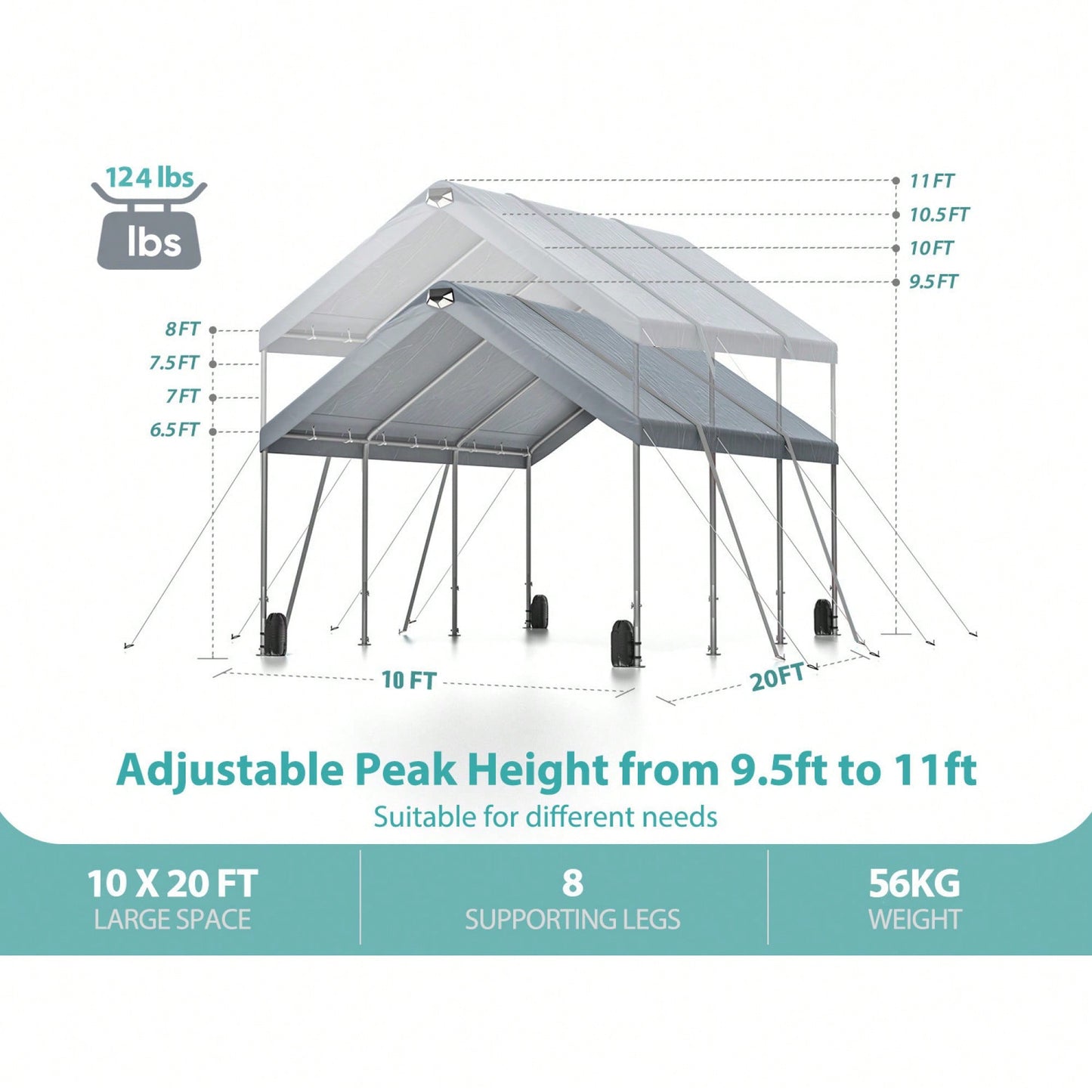 Extra Large Heavy Duty Portable Car Canopy Tent With Adjustable Height 9.5ft To 11ft Removable Roof And Side Walls For Cars SUVs And Boats