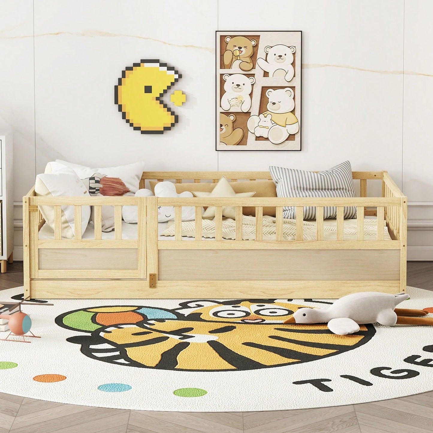Twin Size Montessori Floor Bed With High Security Barrier And Door Natural Wood Support Slats