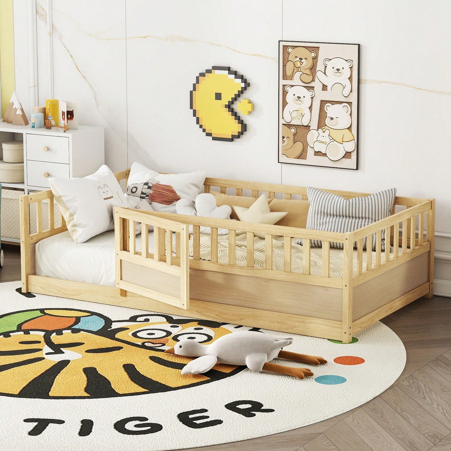 Twin Size Montessori Floor Bed With High Security Barrier And Door Natural Wood Support Slats