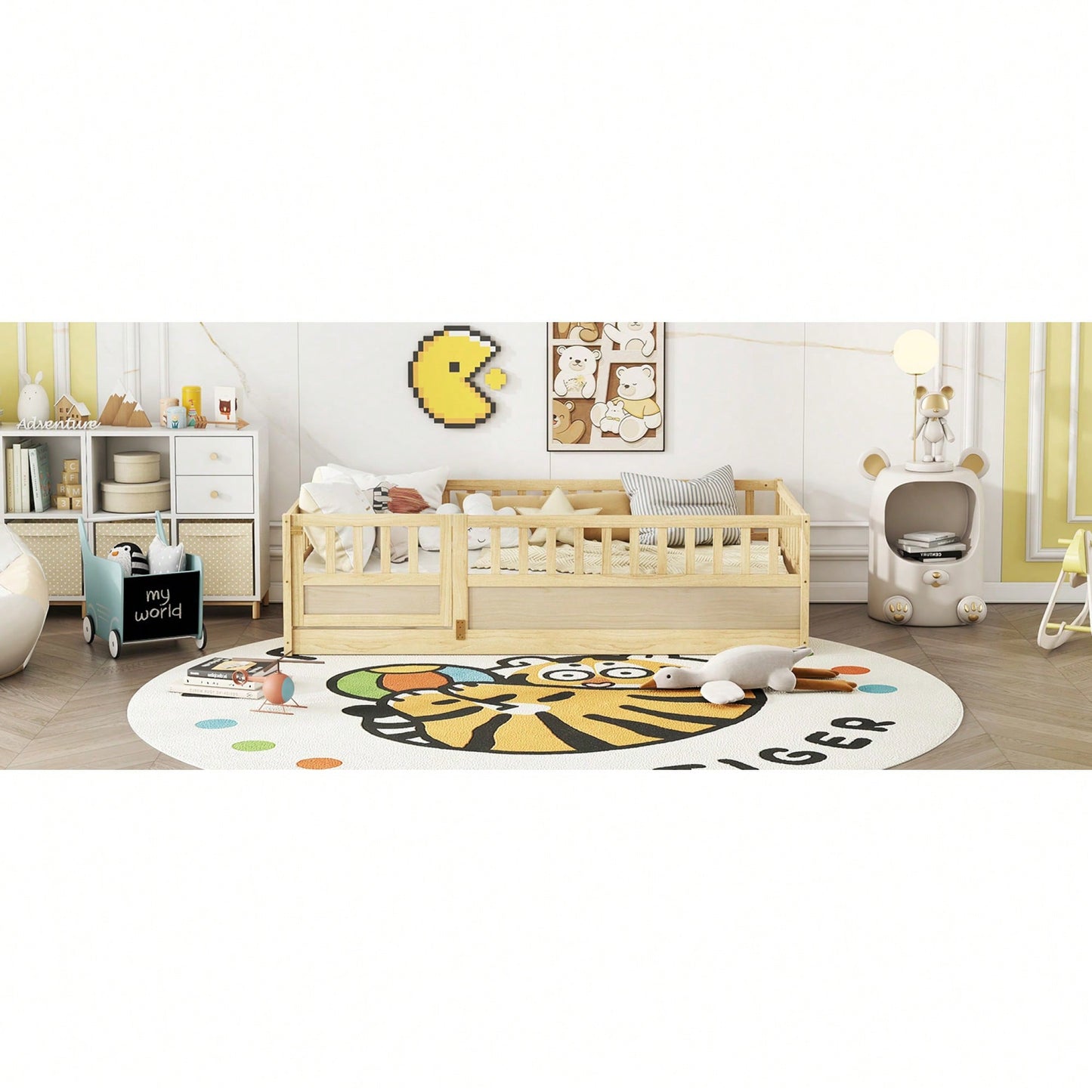 Twin Size Montessori Floor Bed With High Security Barrier And Door Natural Wood Support Slats
