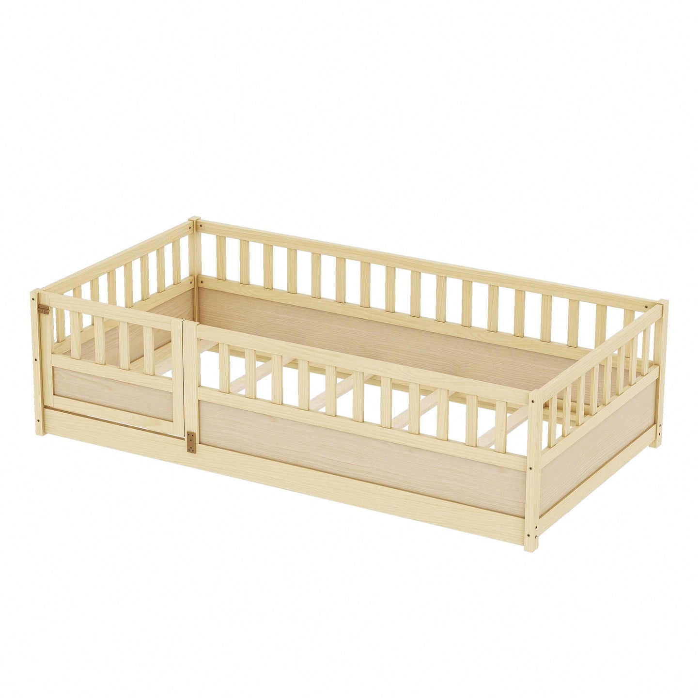 Twin Size Montessori Floor Bed With High Security Barrier And Door Natural Wood Support Slats