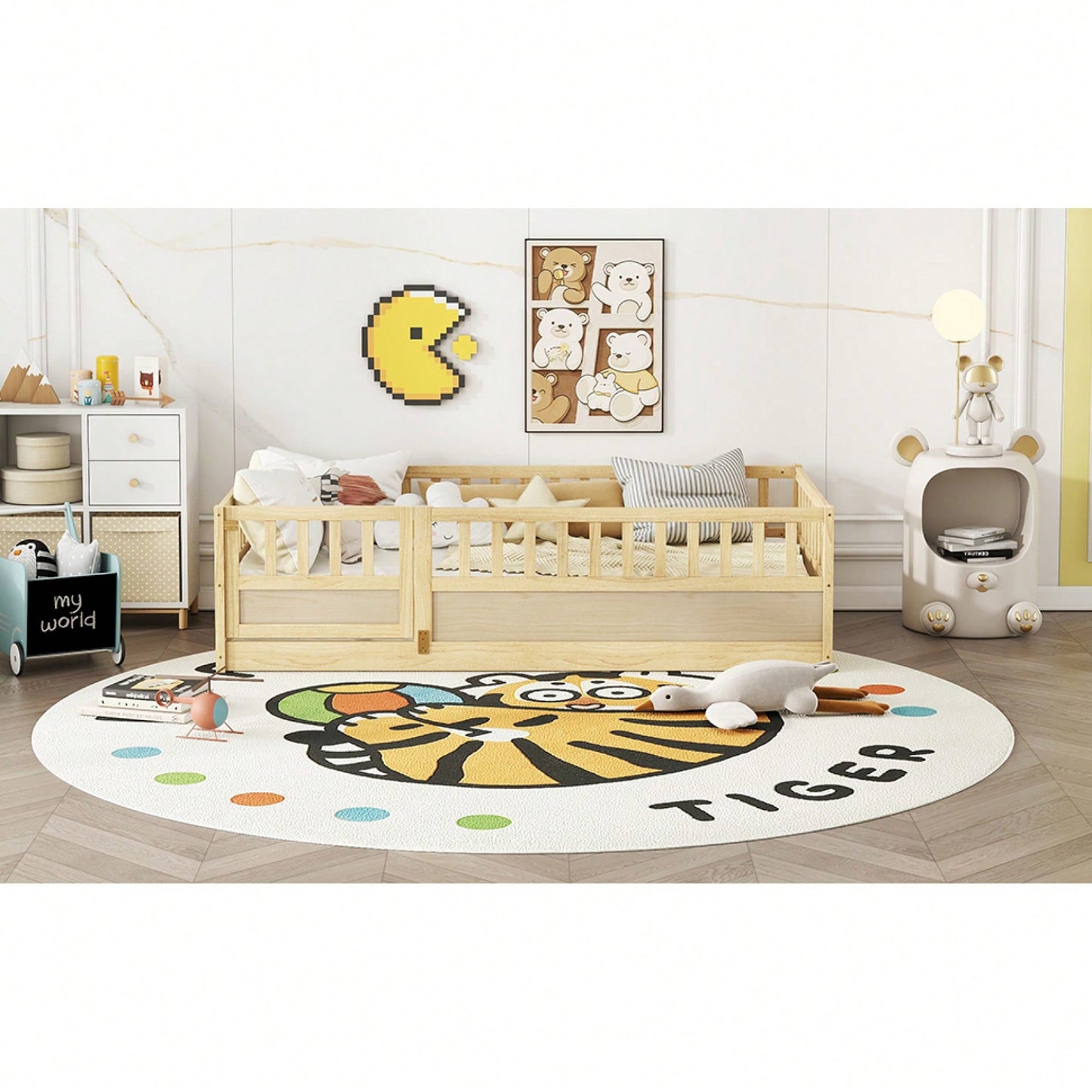 Twin Size Montessori Floor Bed With High Security Barrier And Door Natural Wood Support Slats