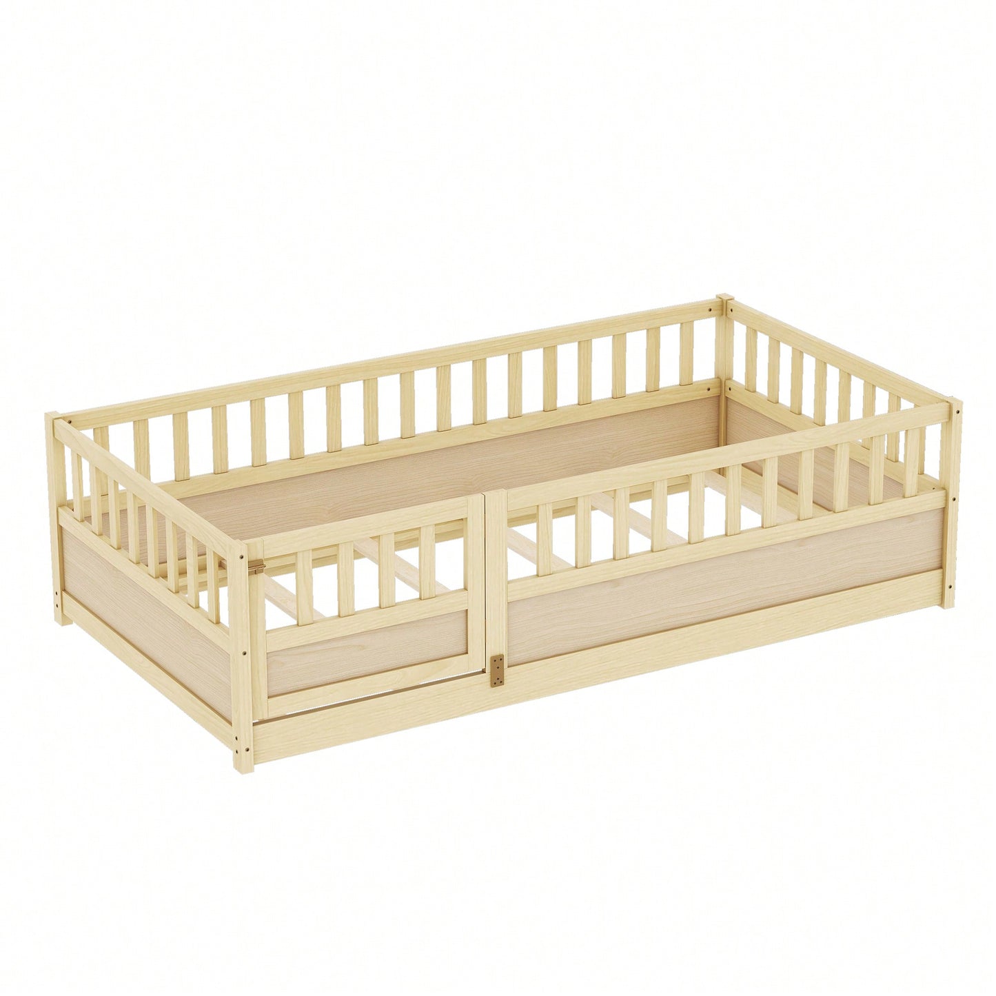 Twin Size Montessori Floor Bed With High Security Barrier And Door Natural Wood Support Slats
