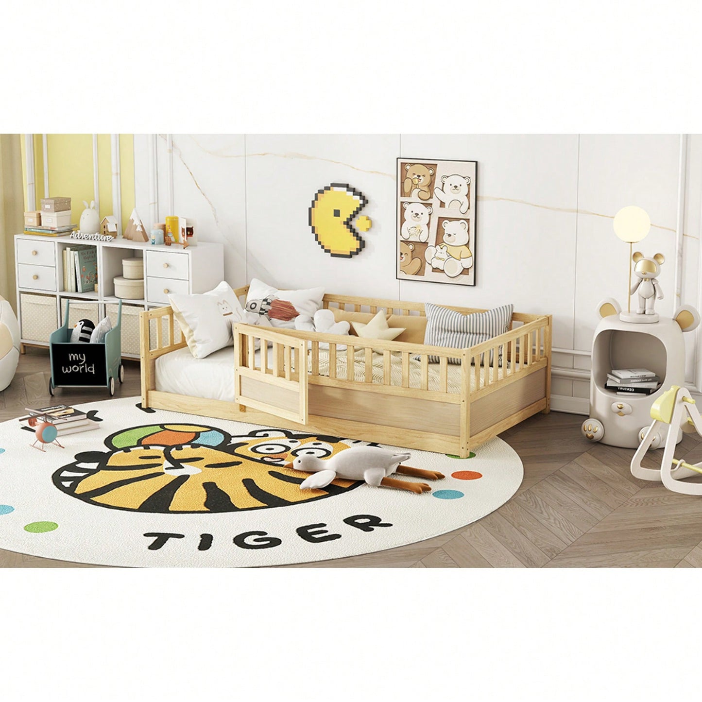 Twin Size Montessori Floor Bed With High Security Barrier And Door Natural Wood Support Slats
