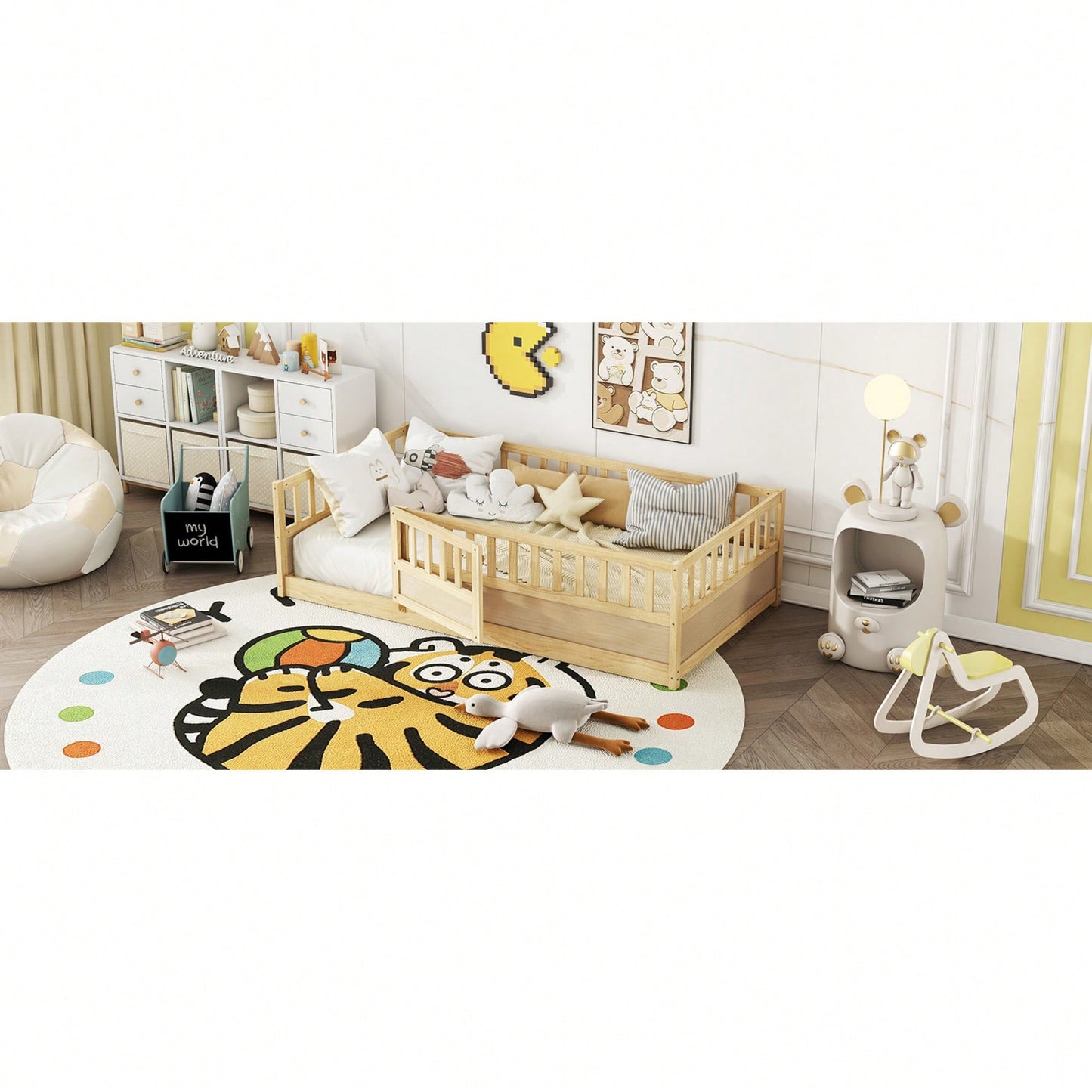 Twin Size Montessori Floor Bed With High Security Barrier And Door Natural Wood Support Slats