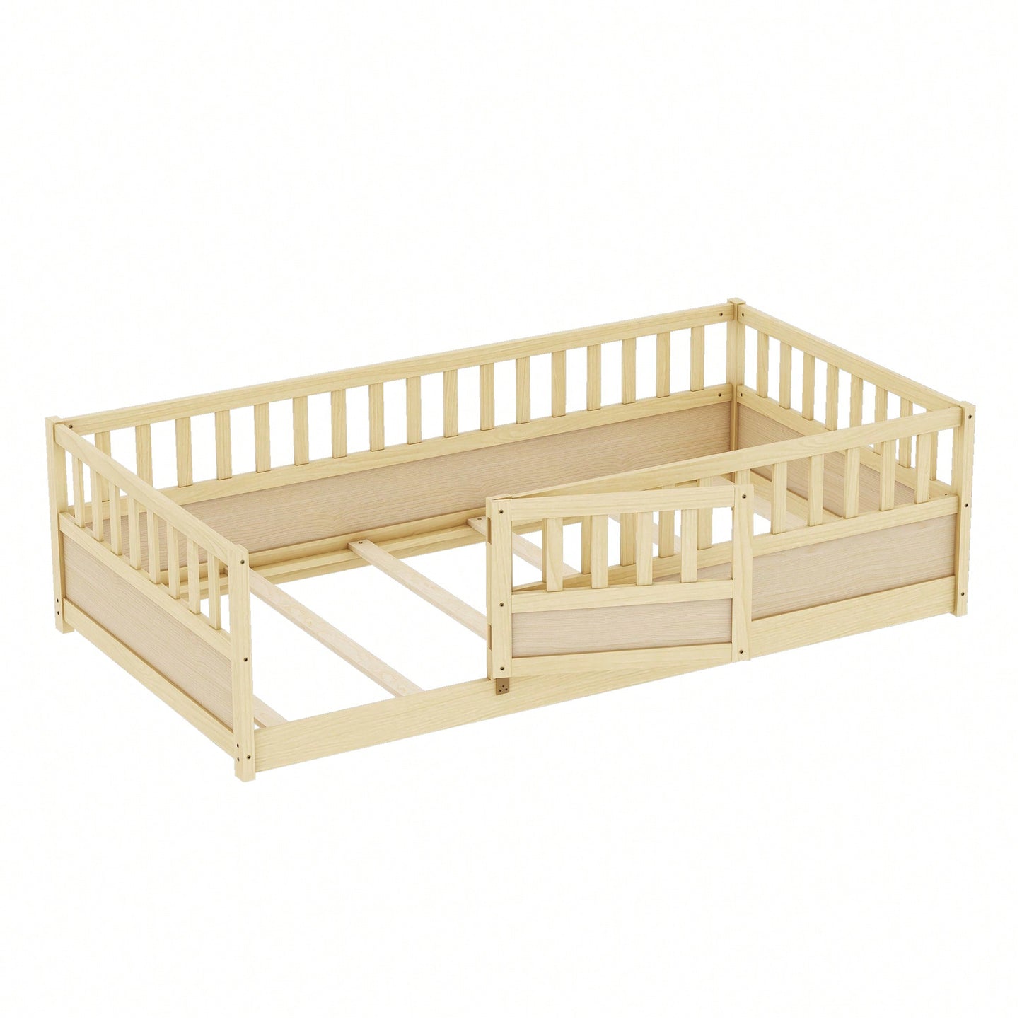 Twin Size Montessori Floor Bed With High Security Barrier And Door Natural Wood Support Slats