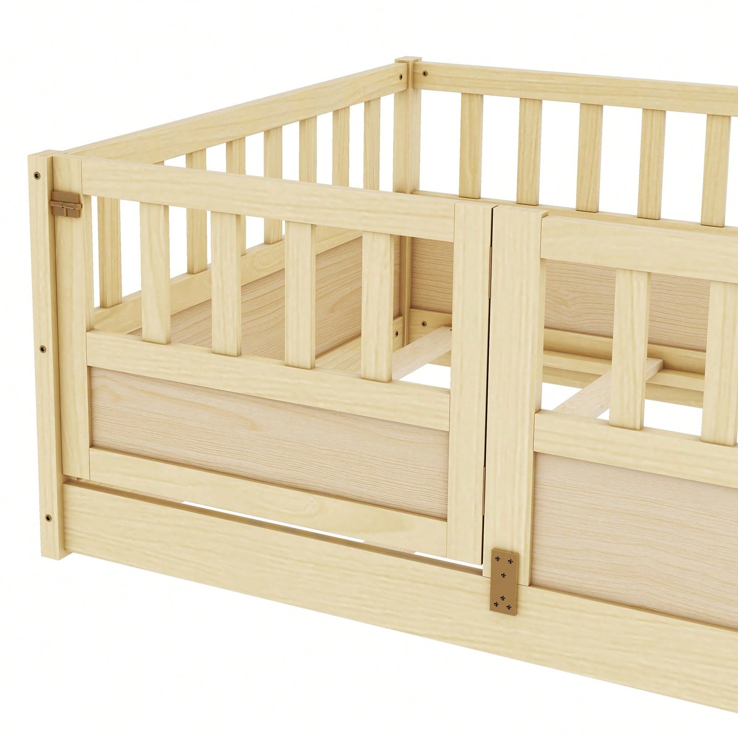 Twin Size Montessori Floor Bed With High Security Barrier And Door Natural Wood Support Slats