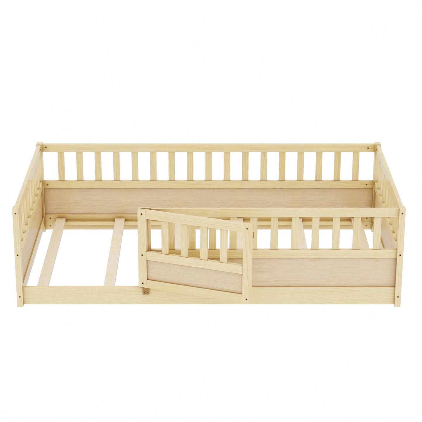 Twin Size Montessori Floor Bed With High Security Barrier And Door Natural Wood Support Slats