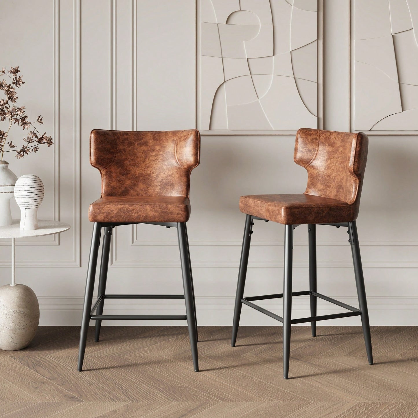 Modern 28 Inch Counter Height Bar Stools Set Of 2 With PU Leather Upholstery And Metal Footrest For Kitchen Island And Dining Room Gray