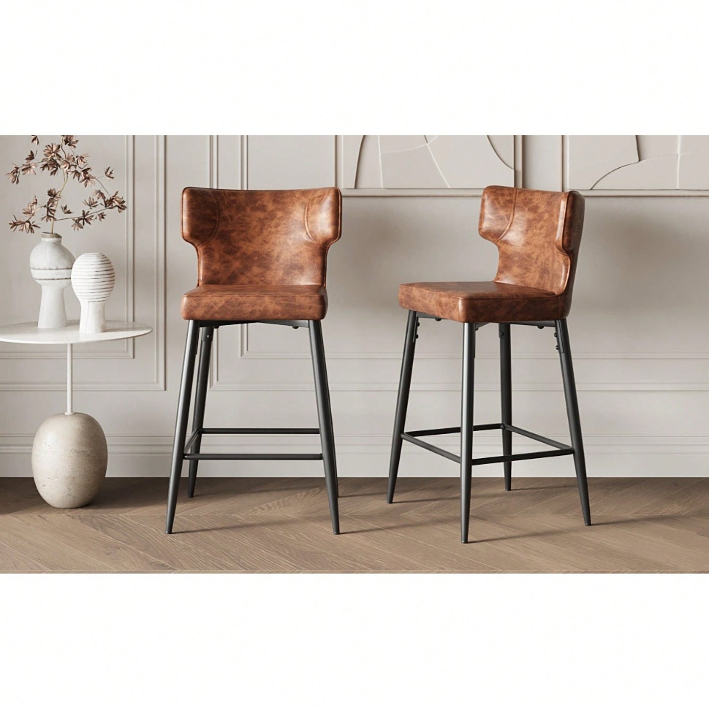 Modern 28 Inch Counter Height Bar Stools Set Of 2 With PU Leather Upholstery And Metal Footrest For Kitchen Island And Dining Room Gray