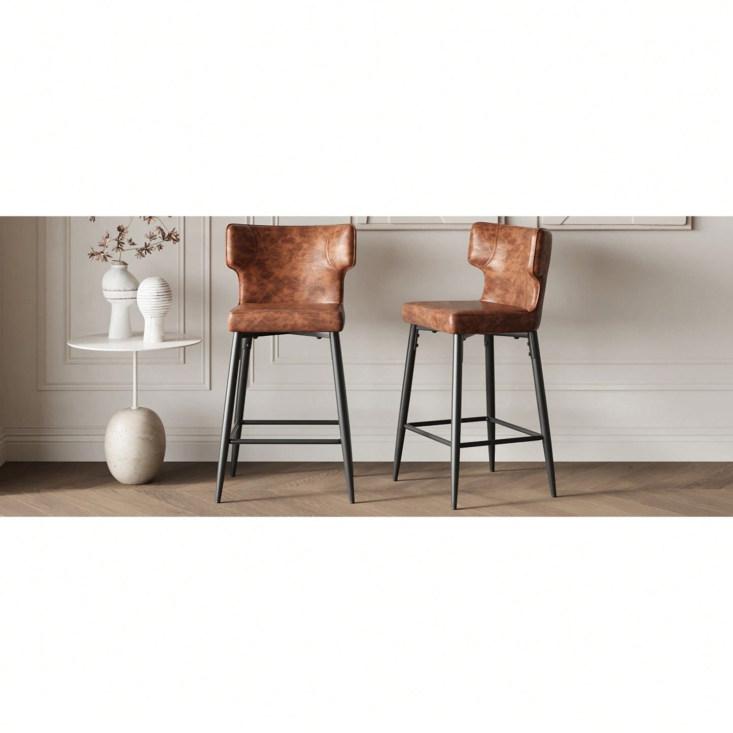 Modern 28 Inch Counter Height Bar Stools Set Of 2 With PU Leather Upholstery And Metal Footrest For Kitchen Island And Dining Room Gray
