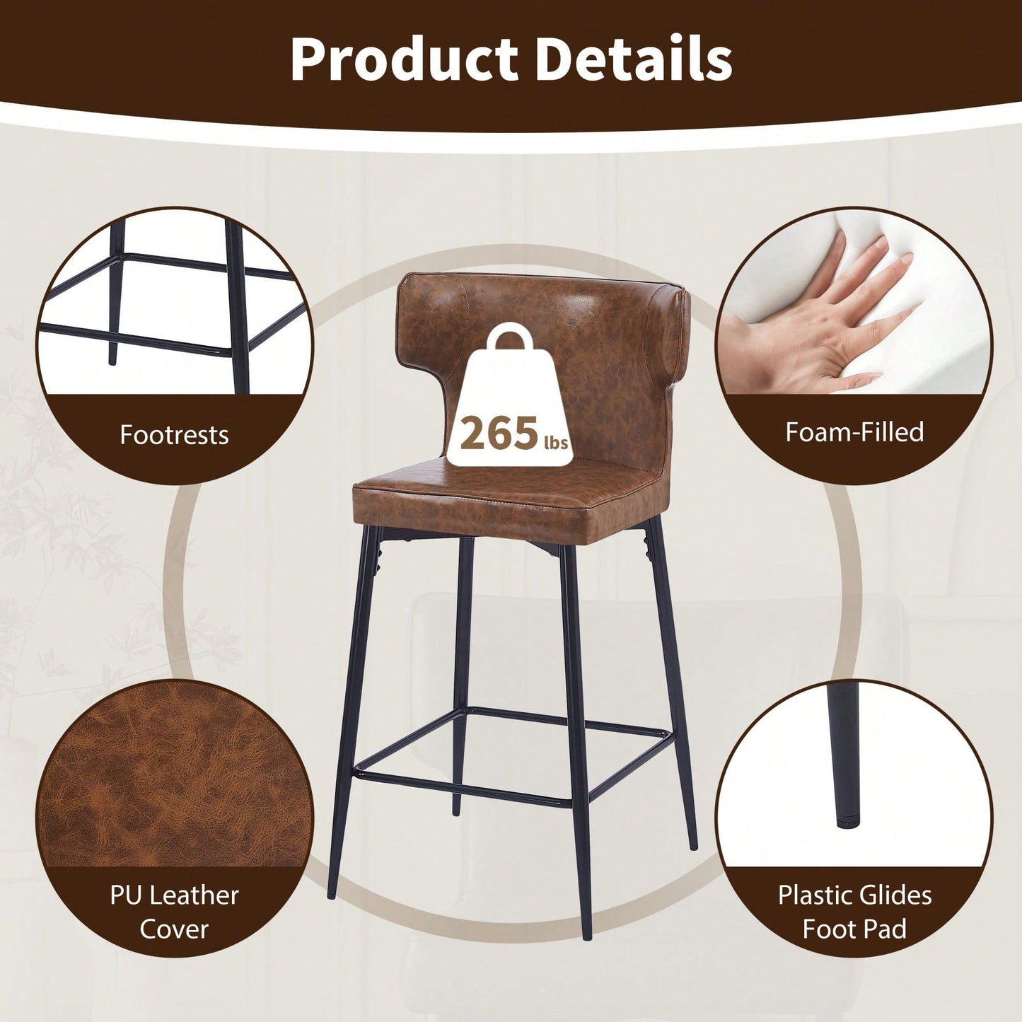Modern 28 Inch Counter Height Bar Stools Set Of 2 With PU Leather Upholstery And Metal Footrest For Kitchen Island And Dining Room Gray