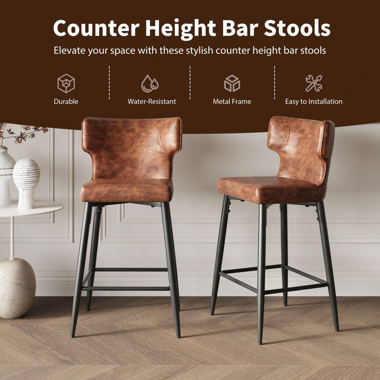 Modern 28 Inch Counter Height Bar Stools Set Of 2 With PU Leather Upholstery And Metal Footrest For Kitchen Island And Dining Room Gray