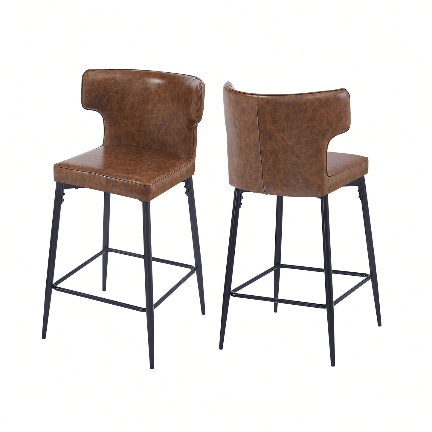 Modern 28 Inch Counter Height Bar Stools Set Of 2 With PU Leather Upholstery And Metal Footrest For Kitchen Island And Dining Room Gray
