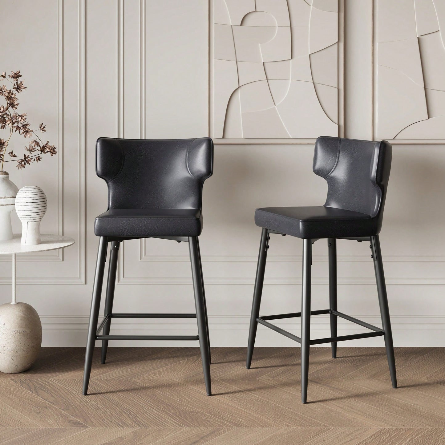 Modern 28 Inch Counter Height Bar Stools Set Of 2 With PU Leather Upholstery And Metal Footrest For Kitchen Island And Dining Room Gray